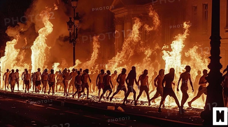 Group of people walking past towering flames at night, creating a dramatic scene of chaos, AI generated