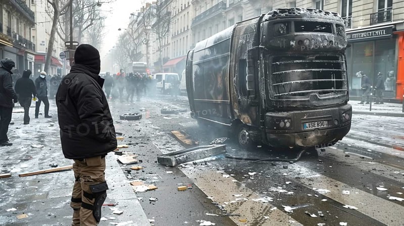 Crowded city street with a charred truck and scattered debris amid a tense protest environment, AI generated