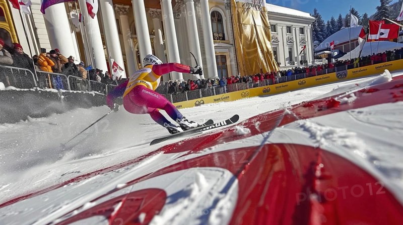 Ski racer speeding down a slope towards the finish line while a crowd watches during a winter sports event, AI generated