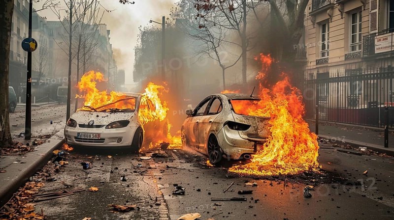 Two cars engulfed in flames on a city street, with debris scattered around and a smoky atmosphere, AI generated
