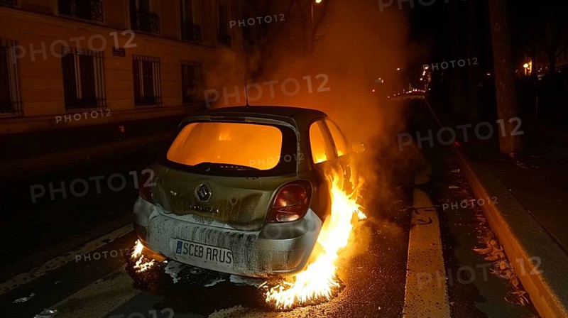 Car engulfed in flames on an urban street at night, emitting bright fire and smoke, AI generated