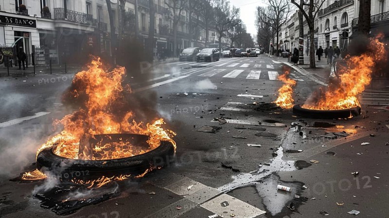Burning tires set ablaze on an urban street during a chaotic protest, AI generated