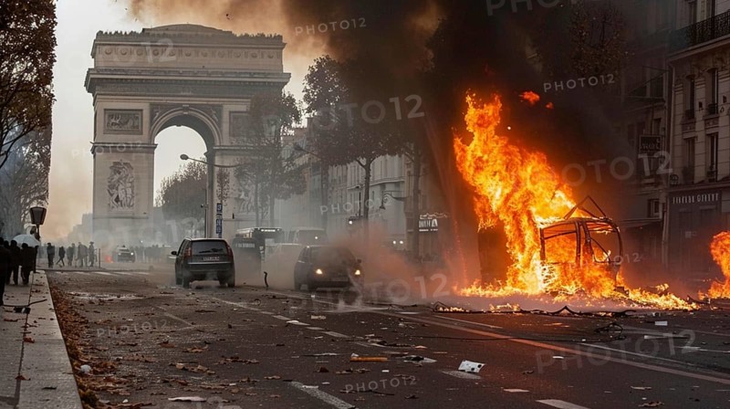 Chaotic urban scene with fire and smoke near the Arc de Triomphe, damaged cars on the street, AI generated