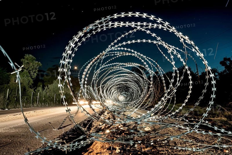 Spiral barbed wire installation alongside a road at night, creating a dramatic, secure environment, AI generated