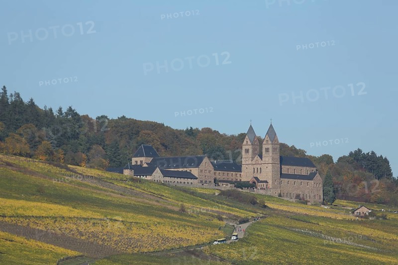 Neo-Romanesque UNESCO St Hildegard Abbey with vineyards, Eibingen, Rüdesheim, Rheingau, Taunus, Hesse, Upper Middle Rhine Valley, Germany, Europe