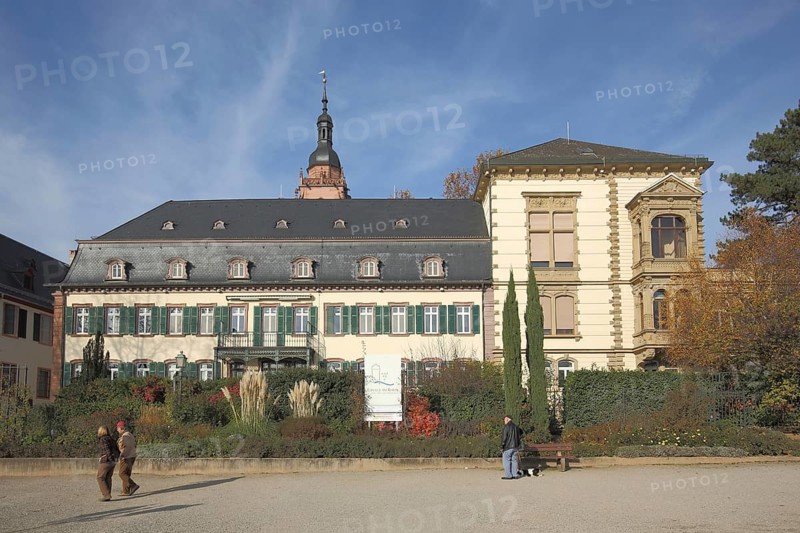 Rose House and church tower of St Peter and Paul, villa, people, Rhine promenade, Montrichard square, Eltville, Rheingau, Taunus, Hesse, Germany, Europe