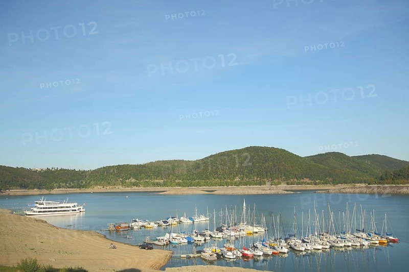 View of landing stage, jetty, boats, marina, passenger ship, landscape, low water, Waldeck-West, Edersee, Hesse, Germany, Europe