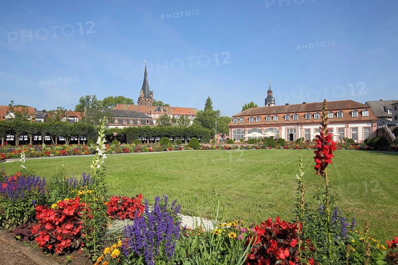 Pleasure garden with flower-bed and baroque orangery and tower of the castle, flower bed, Erbach, Hesse, Odenwald, Germany, Europe