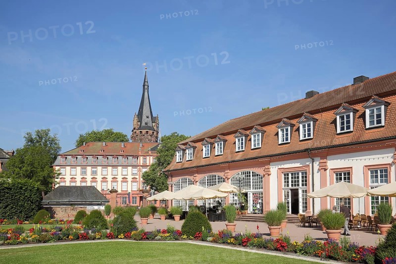 Baroque orangery with pleasure garden and castle tower, Erbach, Hesse, Odenwald, Germany, Europe