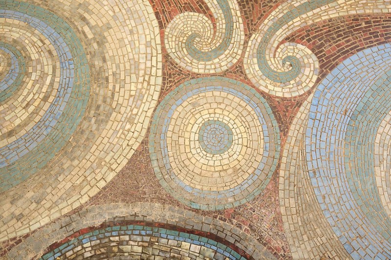 Round floor mosaic with volutes, decorations, handicraft, detail, circles, round, pattern, red, yellow, blue, Römerquelle, Bad Ems, Rhineland-Palatinate, Germany, Europe