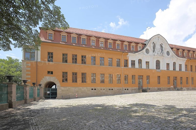 Classicist castle, inner courtyard, tail gable, yellow, inner courtyard, Sondershausen, Thuringia, Germany, Europe