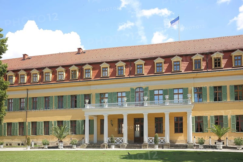 Classicist castle with arcade and shutters, yellow, green, Sondershausen, Thuringia, Germany, Europe