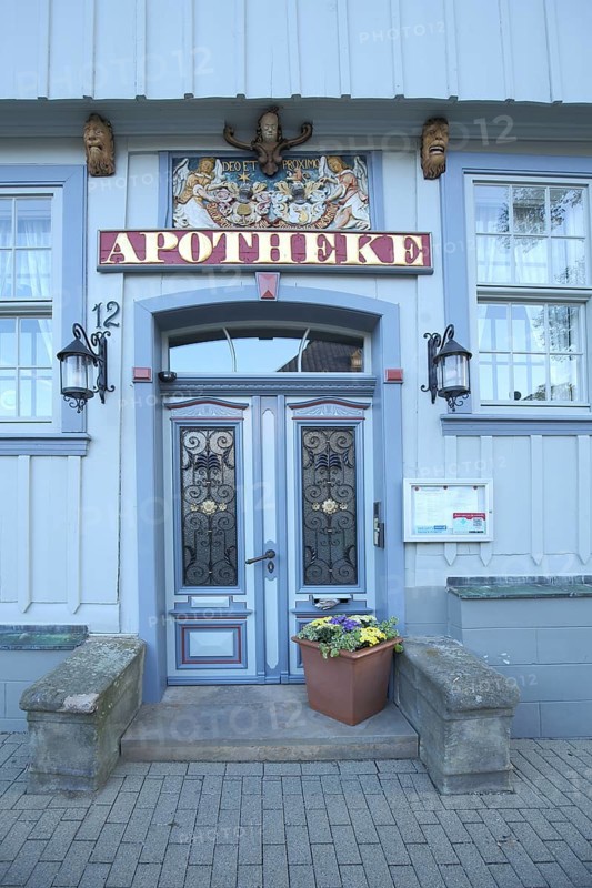 Door with decorations of the mountain pharmacy, house number, inscription, pharmacy, blue, Zellerfeld, Clausthal-Zellerfeld, Harz, Lower Saxony, Germany, Europe