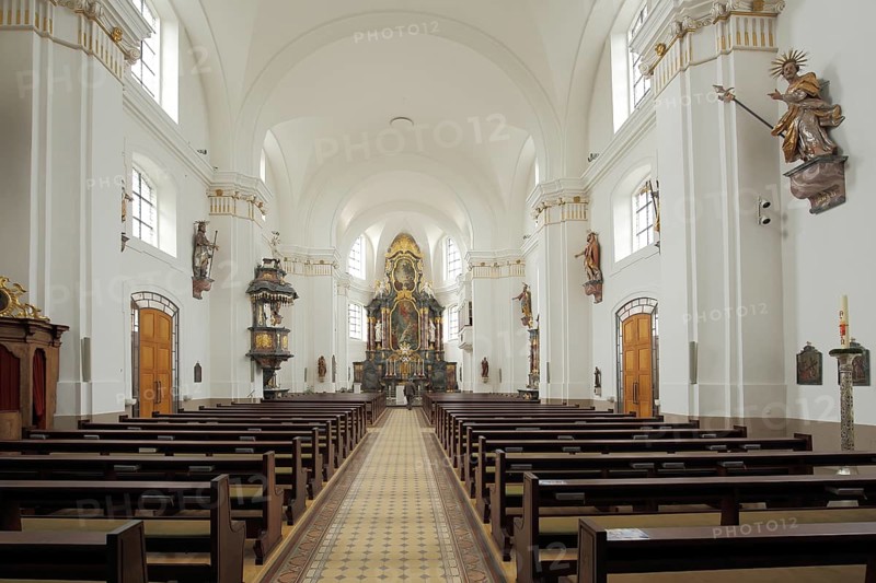 Interior view of the baroque St. Johann Church, pulpit and altar with painting, Donaueschingen, Southern Black Forest, Black Forest, Baden-Württemberg, Germany, Europe