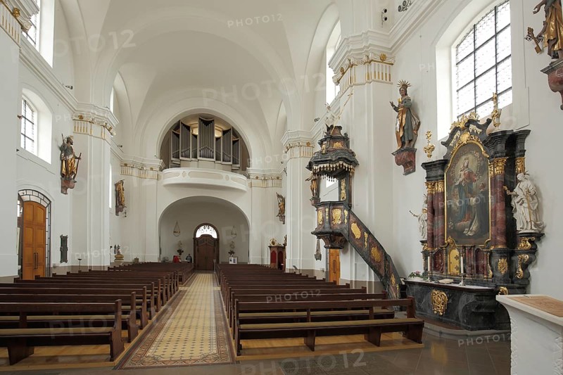 View of the organ of the baroque St. Johann Church, pulpit and altar with painting, interior view, Donaueschingen, Southern Black Forest, Black Forest, Baden-Württemberg, Germany, Europe