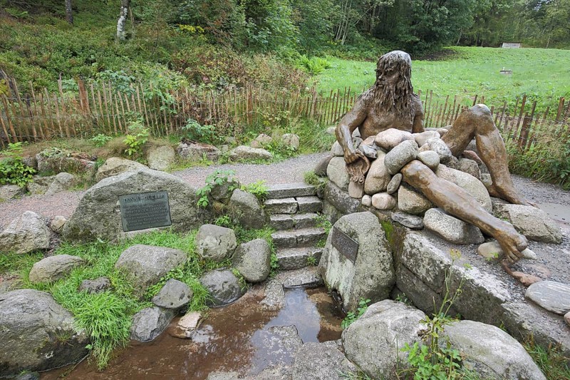 Sculpture of the river god Danuvius by Wolfgang Eckert at the source of the Breg or Danube, Roman, mythology, source river, Furtwangen, Southern Black Forest, Black Forest, Baden-Württemberg, Germany, Europe
