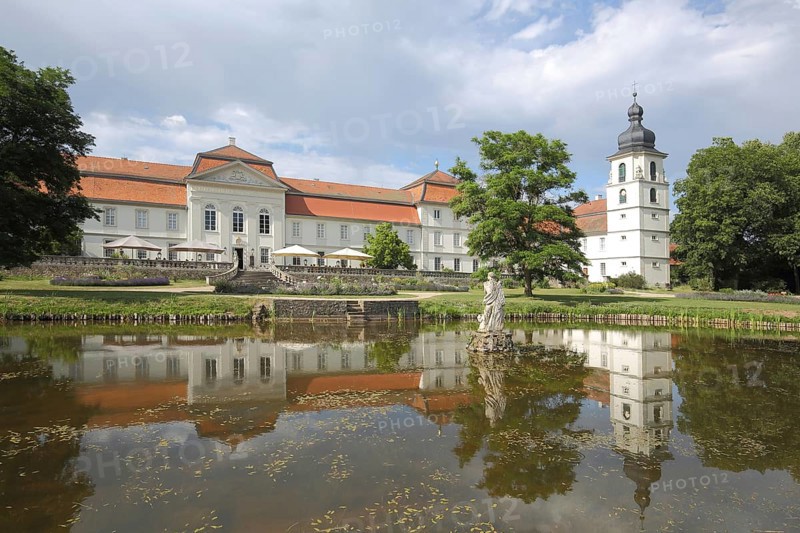 Baroque Fasanerie Castle with pond and statue in the water and castle garden, reflection, Fasanerie Castle, Eichenzell, Hesse, Germany, Europe
