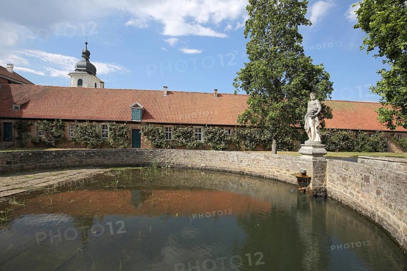 Inner courtyard with fountain at Schloss Fasanerie, statue, water basin, Eichenzell, Hesse, Germany, Europe