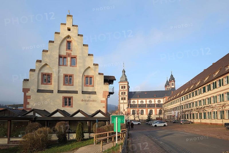 Historic Cafe Schlossmühle and Benedictine monastery, monastery complex, Amorbach, Odenwald, Bavaria, Germany, Europe
