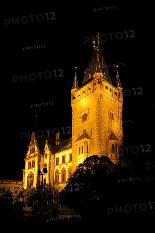 Neo-Gothic castle, Weinheim, night shot, night, lighting, Bergstrasse, Baden-Württemberg, Germany, Europe