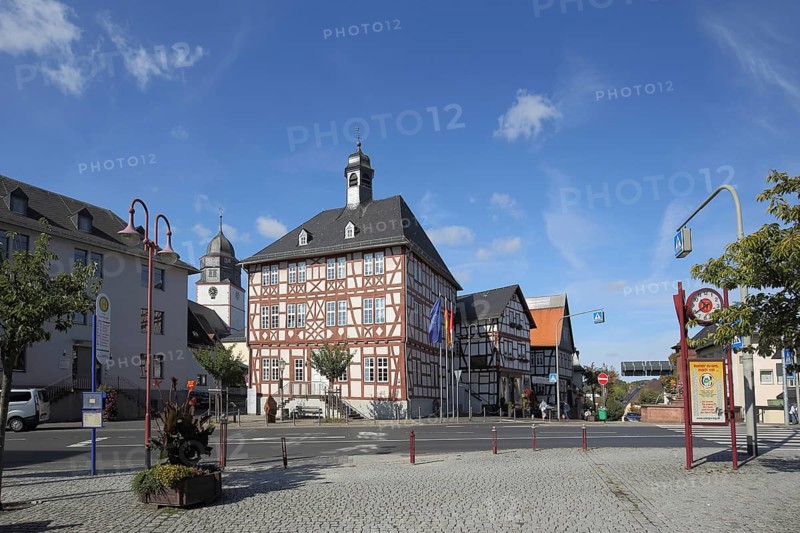 Castle square with town hall and Laurentius church, half-timbered house, Usingen, Taunus, Hesse, Germany, Europe