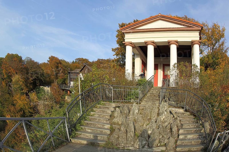 Classicist imperial temple with columns and staircase with rocks in autumn, landscape, mountain, Eppstein, Taunus, Hesse, Germany, Europe