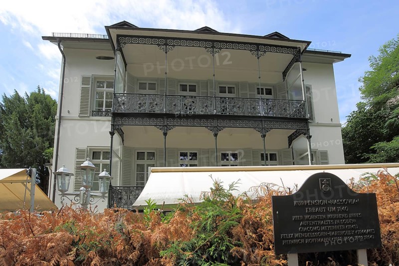 Nassovia Villa built in 1840 with balcony railing, residence of Felix Mendelssohn-Bartholdy, inscription, information board, Bad Soden, Hesse, Germany, Europe