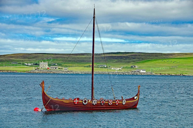 A traditional Viking boat with shields on the calm water, overlooking a green coastline and hills in the background, Up Helly A, Lerwick, Shetland Islands, Scotland, United Kingdom, Europe