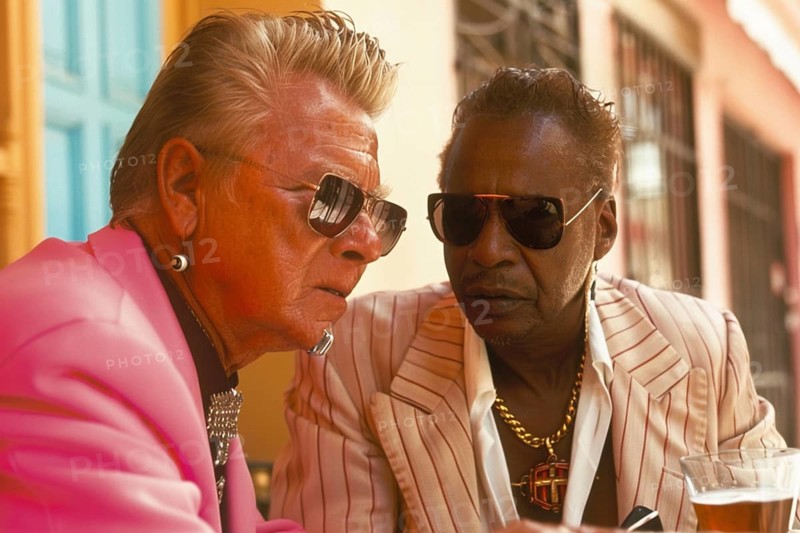 Two elderly men wearing stylish suits and sunglasses have an intense conversation over drinks at a vibrant urban cafe under daylight, AI generated