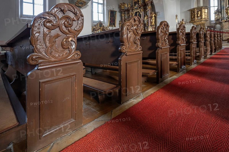 Pews with baroque cheeks in the parish church Mariae Heimsuchung 15th century, baroqueised in the 18th century, Bühl, Middle Franconia, Bavaria, Germany, Europe