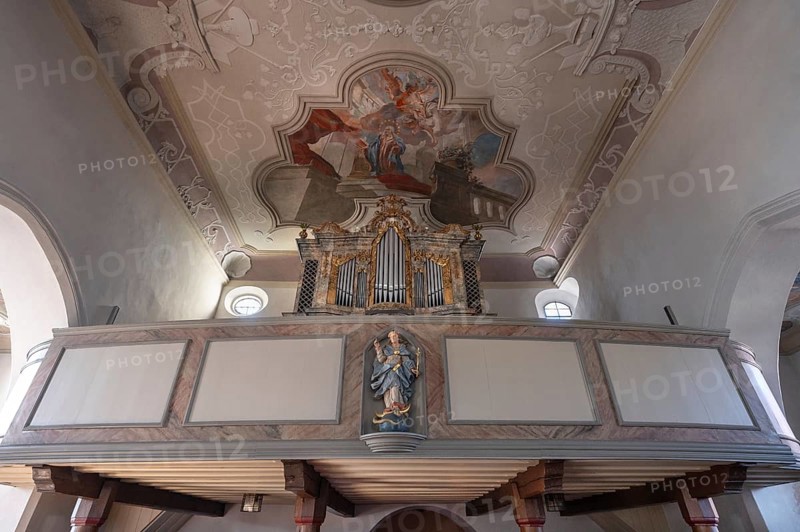 Organ loft of the Mariae Heimsuchung 15th century, baroqueised in the 18th century, Bühl, Middle Franconia, Bavaria, Germany, Europe