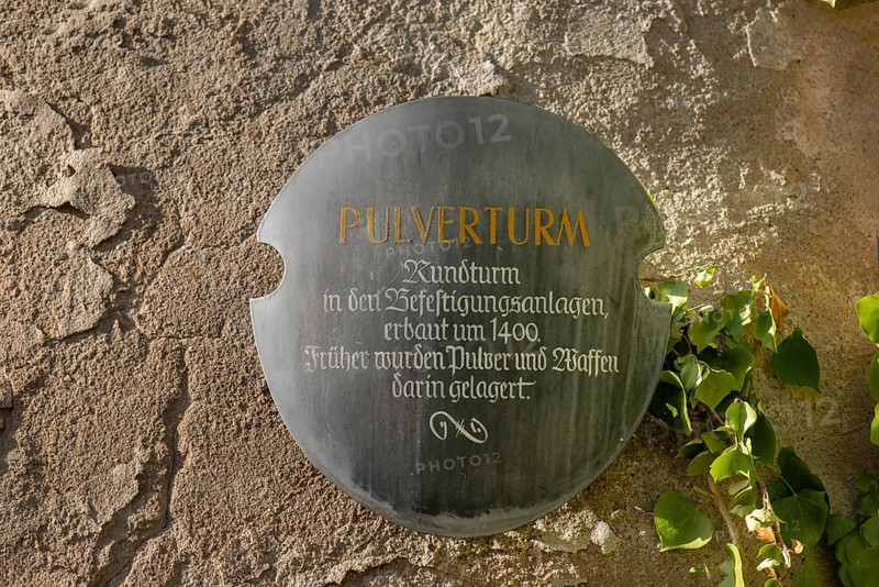 Information board at the Powder Tower, Mainbernheim, Lower Franconia, Bavaria, Germany, Europe