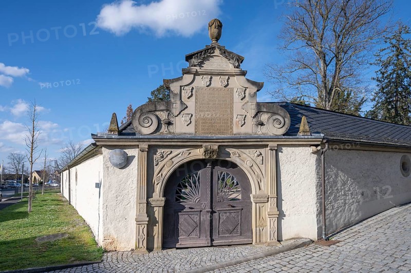 Entrance portal of the heritage-protected cemetery, exists since 1618, Mainbernheim, Lower Franconia, Bavaria, Germany, Europe