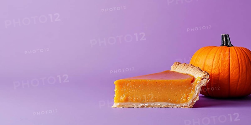 Banner with slice of pumpkin pie with orange pumpkin on purple violet background with copy space. Generative Ai, AI generated