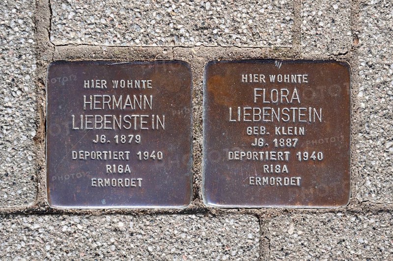 Memorial plaques of Jews deported in 1940 embedded in the pavement, Stolpersteine, Mainbernheim, Lower Franconia, Bavaria, Germany, Europe