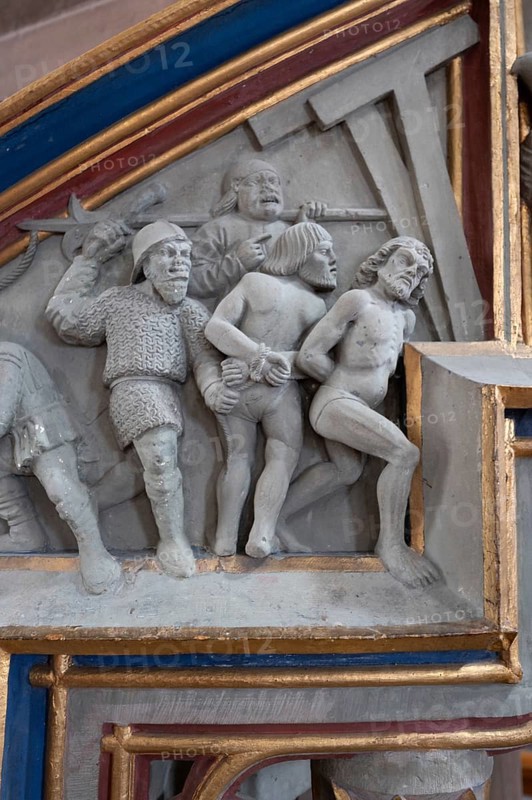 Relief on the pulpit of the two thieves on the way to the crucifixion, Heilig-Kreuz-Münster, Rottweil, Baden-Württemberg, Germany, Europe