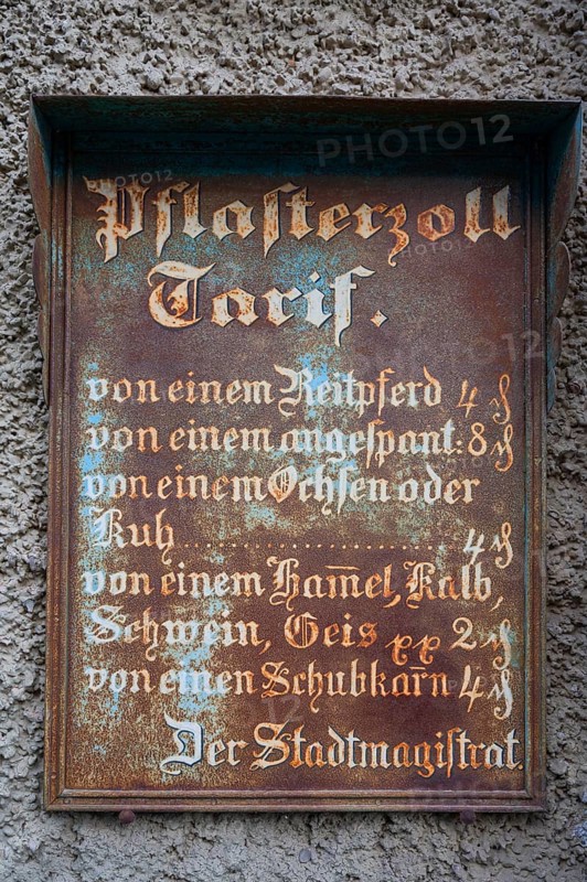 Historic tin sign on the house from 1497 of the last plaster customs station of Mainbernheim, Lower Franconia, Bavaria, Germany, Europe