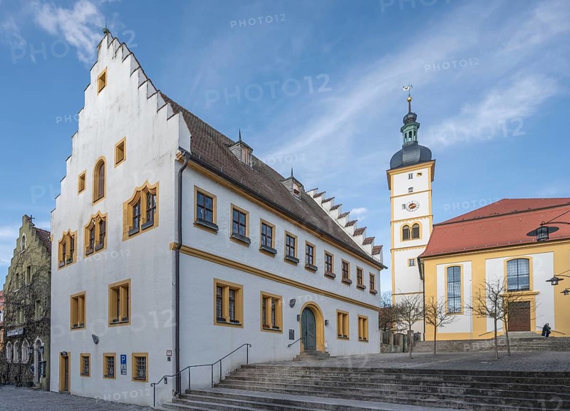 Historic town hall, built in 1548 in the early Renaissance style, behind it St. Johannis Church, built in 1732, Mainbernheim, Lower Franconia, Bavaria, Germany, Europe