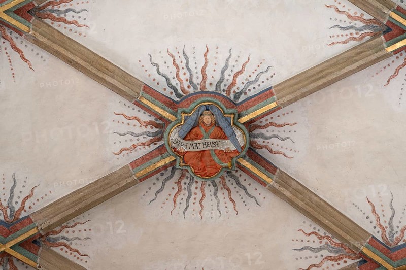 St Matthew the Evangelist, depicted as an angel, keystone in the vault of St Martin's Church, Plieningen, Baden-Württemberg, Germany, Europe