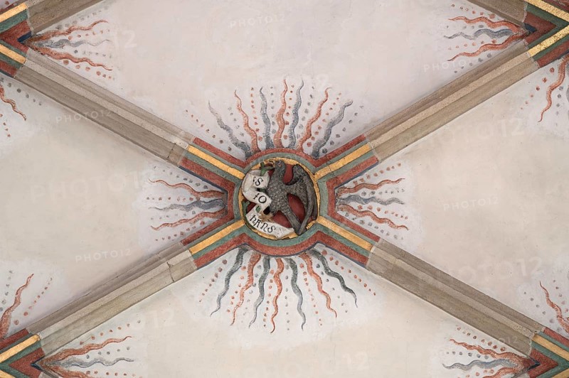 St John the Evangelist, depicted as an eagle, keystone in the vault of St Martin's Church, Plieningen, Baden-Württemberg, Germany, Europe