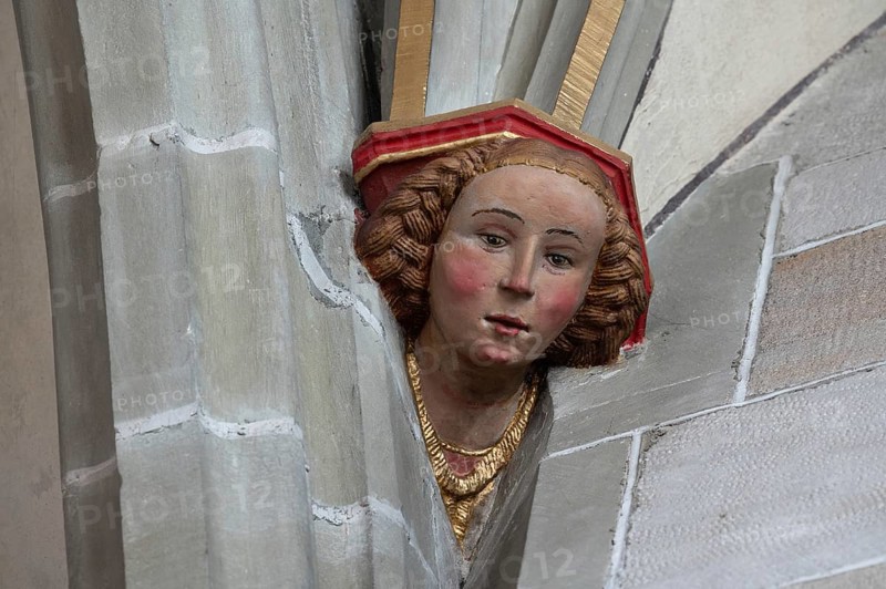 Young woman's head console stone in Heilig Kreuz Minster, Rottweil, Baden-Württemberg, Germany, Europe