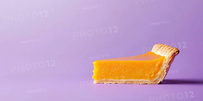 Banner with single slice of pumpkin pie on pastel violet background with copy space. Generative Ai, AI generated