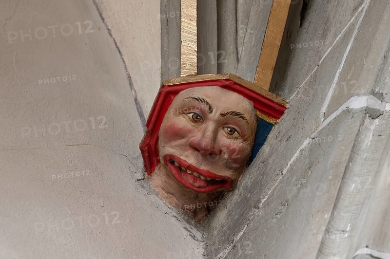 Men's head, console stone in Heilig Kreuz Minster, Rottweil, Baden-Württemberg, Germany, Europe