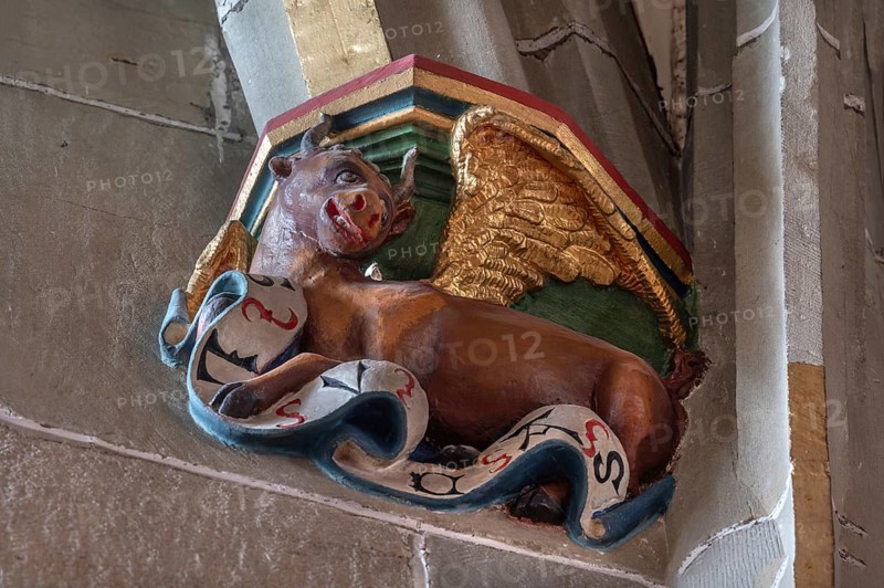 Bull with wings, depiction of St Luke the Evangelist, console stone in Heilig Kreuz Minster, Rottweil, Baden-Württemberg, Germany, Europe
