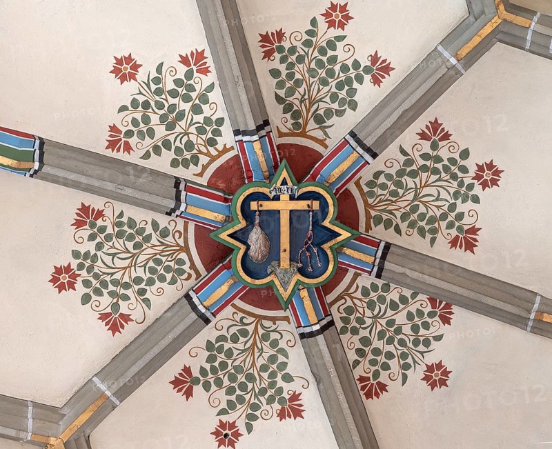Cross of Jesus with the instruments of the scourge, keystone in the vault of the Cathedral of the Holy Cross, Rottweil, Baden-Württemberg, Germany, Europe