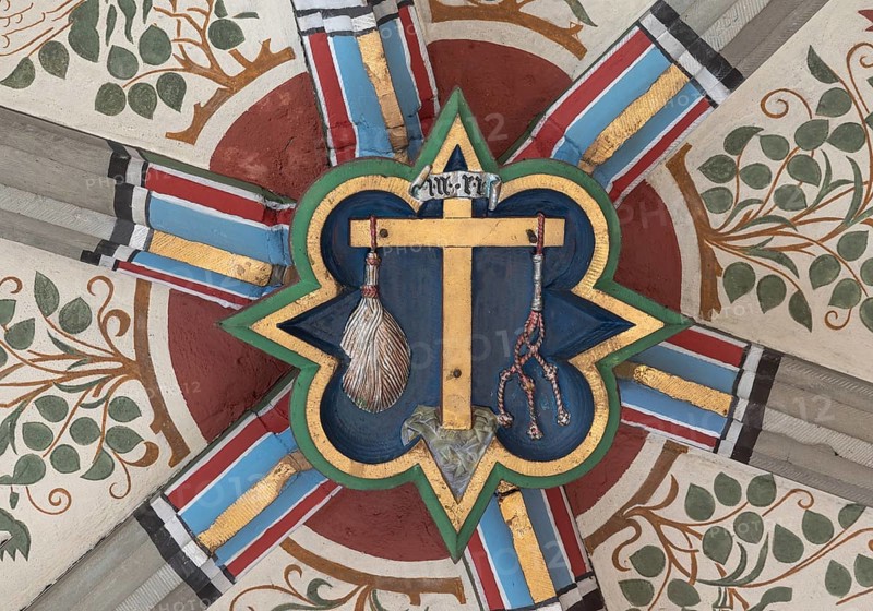 Cross of Jesus with the instruments of the scourge, keystone in the vault of the Cathedral of the Holy Cross, Rottweil, Baden-Württemberg, Germany, Europe