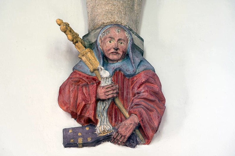 Figure of Abbot Bernhard Roggenbauch, 1471-1493, console stone in St Martin's Church, Plieningen, Baden-Württemberg, Germany, Europe