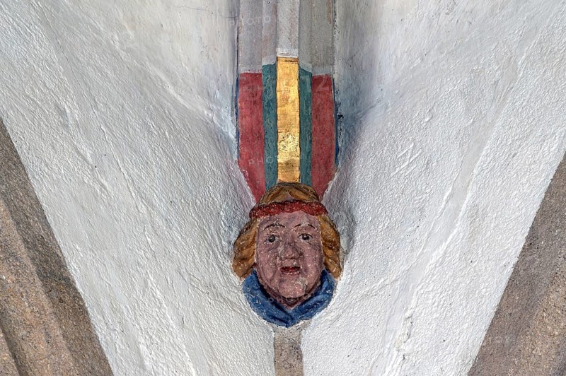 Self-portrait of the master builder Michel Schin, console stone in St Martin's Church, Plieningen, Baden-Württemberg, Germany, Europe