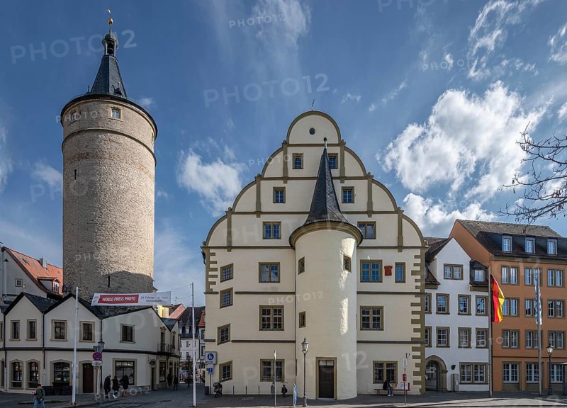 Old Town Hall and the Falter Tower, late medieval tower of the town fortifications, around 1480, Falterstrasse, Kitzingen, Lower Franconia, Bavaria, Germany, Europe