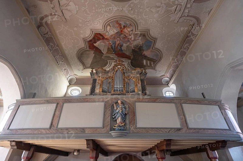 Organ loft of the parish church Mariae Heimsuchung 15th century, baroqueised in the 18th century, Bühl, Middle Franconia, Bavaria, Germany, Europe